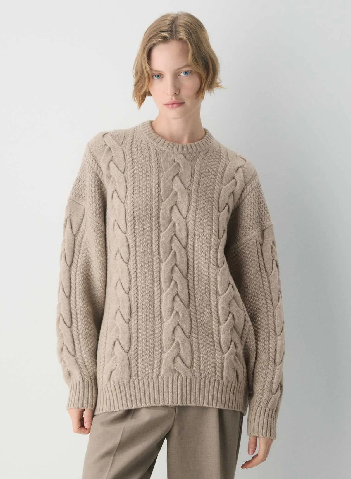 cenlura Heritage Merino Woll-Zopfstrickpullover mit Rundhalsausschnitt
